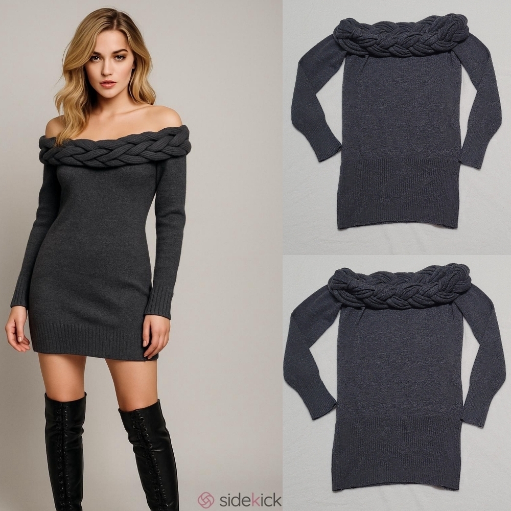 Rue21 Vintage 90s Gray Off-Shoulder Oversized Braid Knitted Mini Sweater Dress S